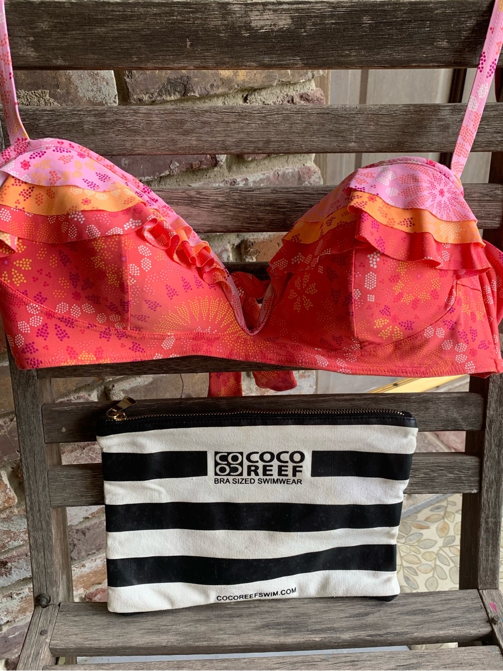 Coco Rave Medallion Bralette Swim Top Coral XL 38 D Cup with Travel Pouch